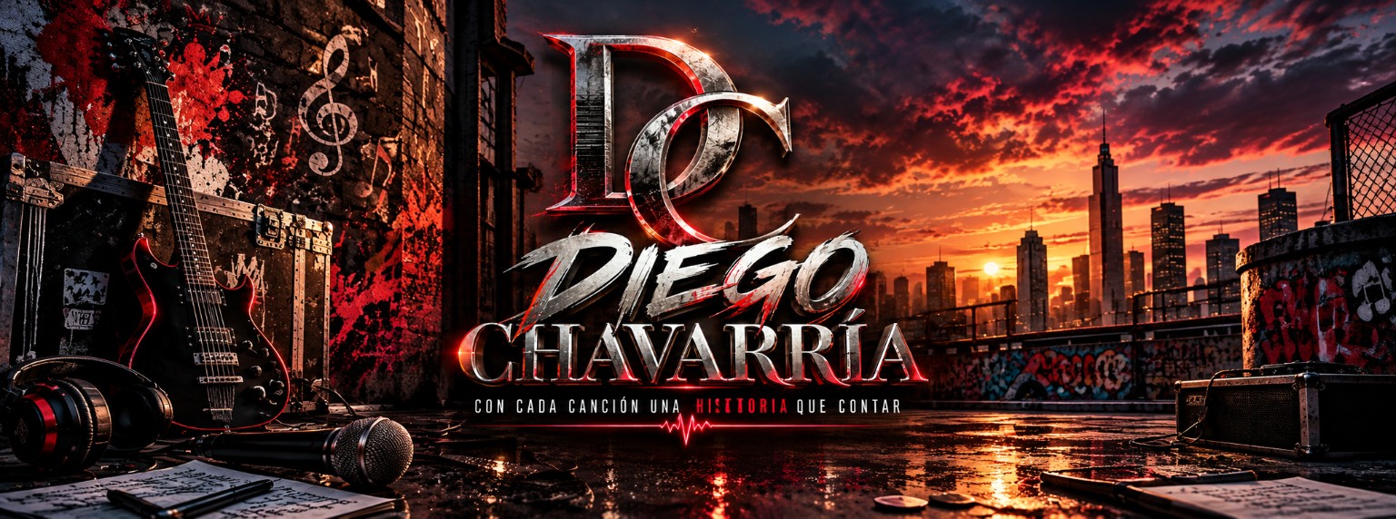 Sello DC y nombre Diego Chavarría sobre un paisaje urbano al atardecer, con guitarra y micrófono.